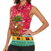 Angola Christmas Women Sleeveless Polo Shirt with Santa, Gifts, and National Flag Map Motif - Wonder Print Shop
