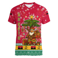 Angola Christmas Women V-Neck T-Shirt with Santa, Gifts, and National Flag Map Motif - Wonder Print Shop