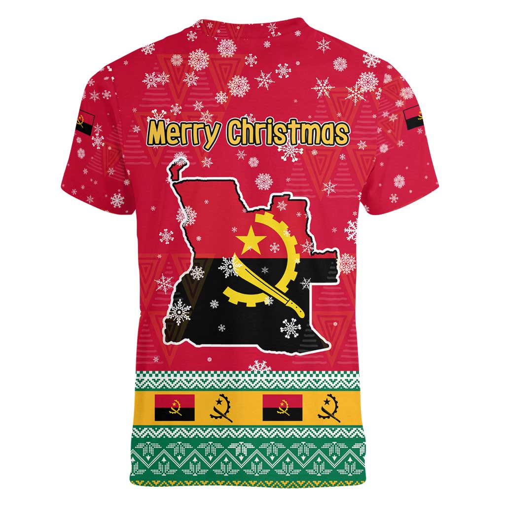 Angola Christmas Women V-Neck T-Shirt with Santa, Gifts, and National Flag Map Motif - Wonder Print Shop