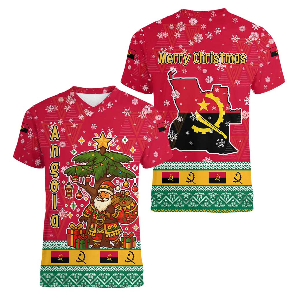 Angola Christmas Women V-Neck T-Shirt with Santa, Gifts, and National Flag Map Motif - Wonder Print Shop