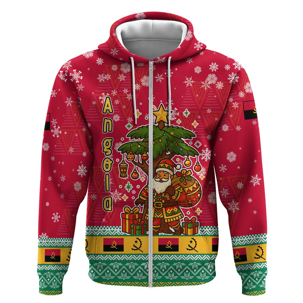 Angola Christmas Zip Hoodie with Santa, Gifts, and National Flag Map Motif - Wonder Print Shop