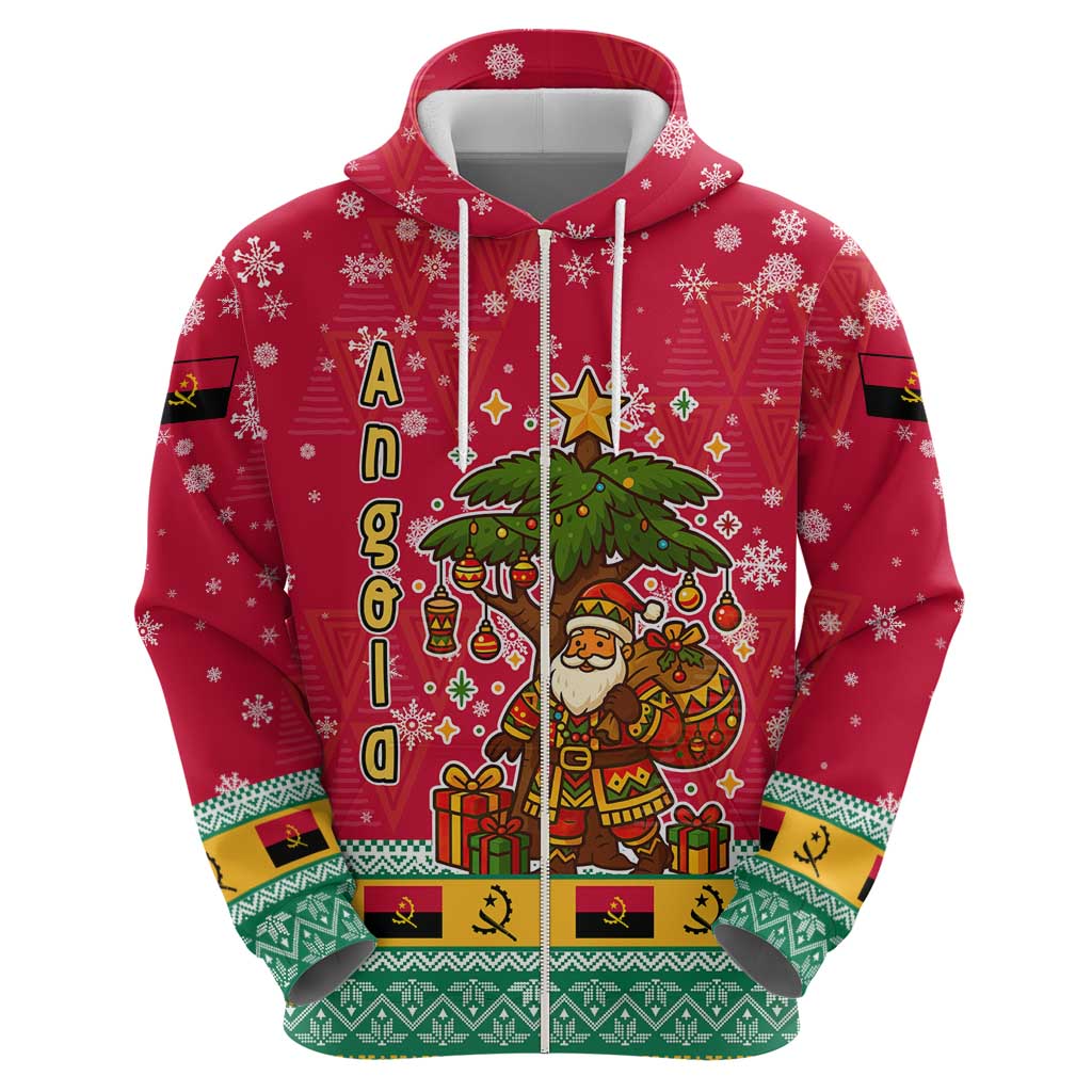 Angola Christmas Zip Hoodie with Santa, Gifts, and National Flag Map Motif - Wonder Print Shop