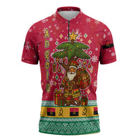 Angola Christmas Zipper Polo Shirt with Santa, Gifts, and National Flag Map Motif - Wonder Print Shop