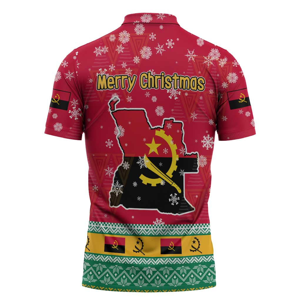 Angola Christmas Zipper Polo Shirt with Santa, Gifts, and National Flag Map Motif - Wonder Print Shop