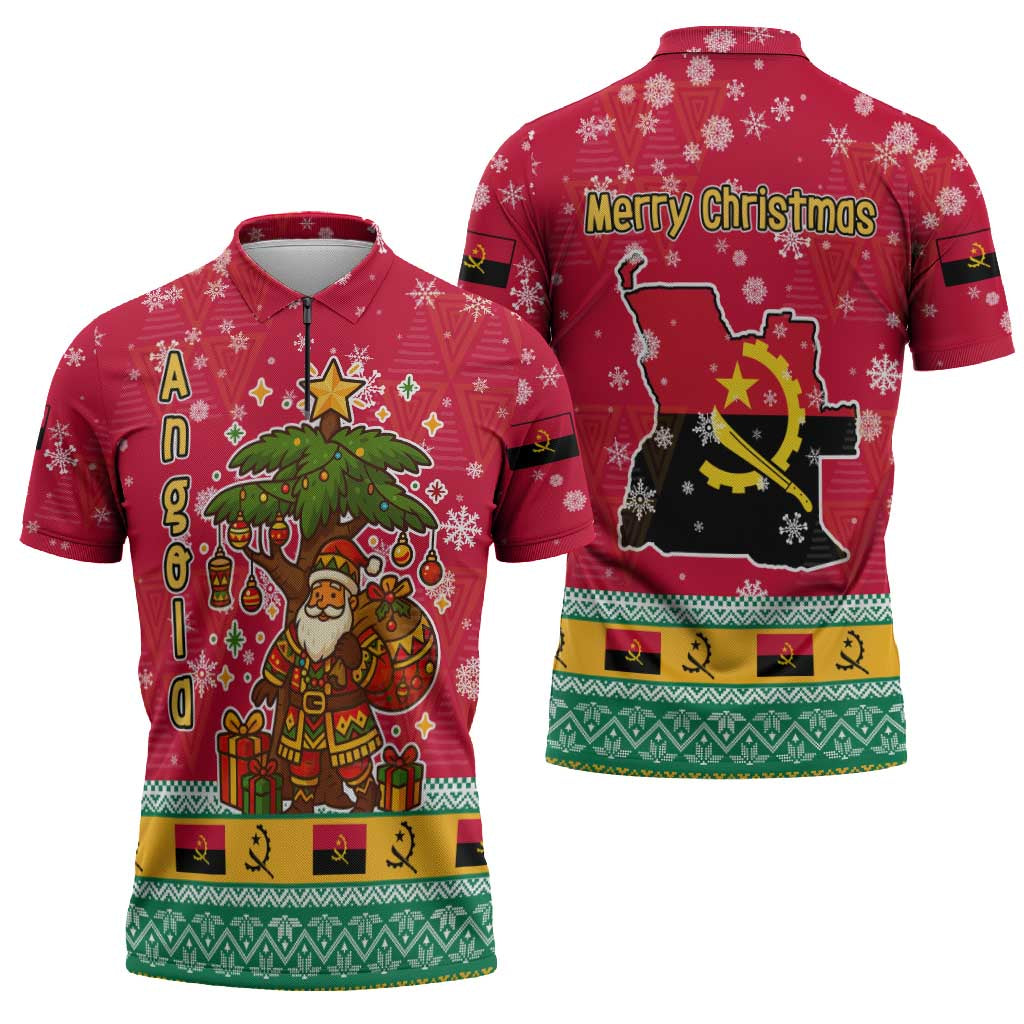 Angola Christmas Zipper Polo Shirt with Santa, Gifts, and National Flag Map Motif - Wonder Print Shop
