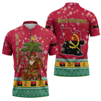 Angola Christmas Zipper Polo Shirt with Santa, Gifts, and National Flag Map Motif - Wonder Print Shop