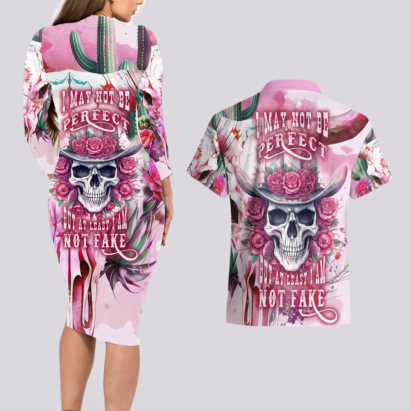 I May Not Be Perfect But At Least I Am Not Fake Skull Couples Matching Long Sleeve Bodycon Dress and Hawaiian Shirt - Wonder Print Shop