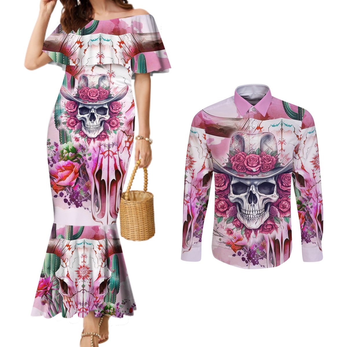 i-may-not-be-perfect-but-at-least-i-am-not-fake-skull-couples-matching-mermaid-dress-and-long-sleeve-button-shirts