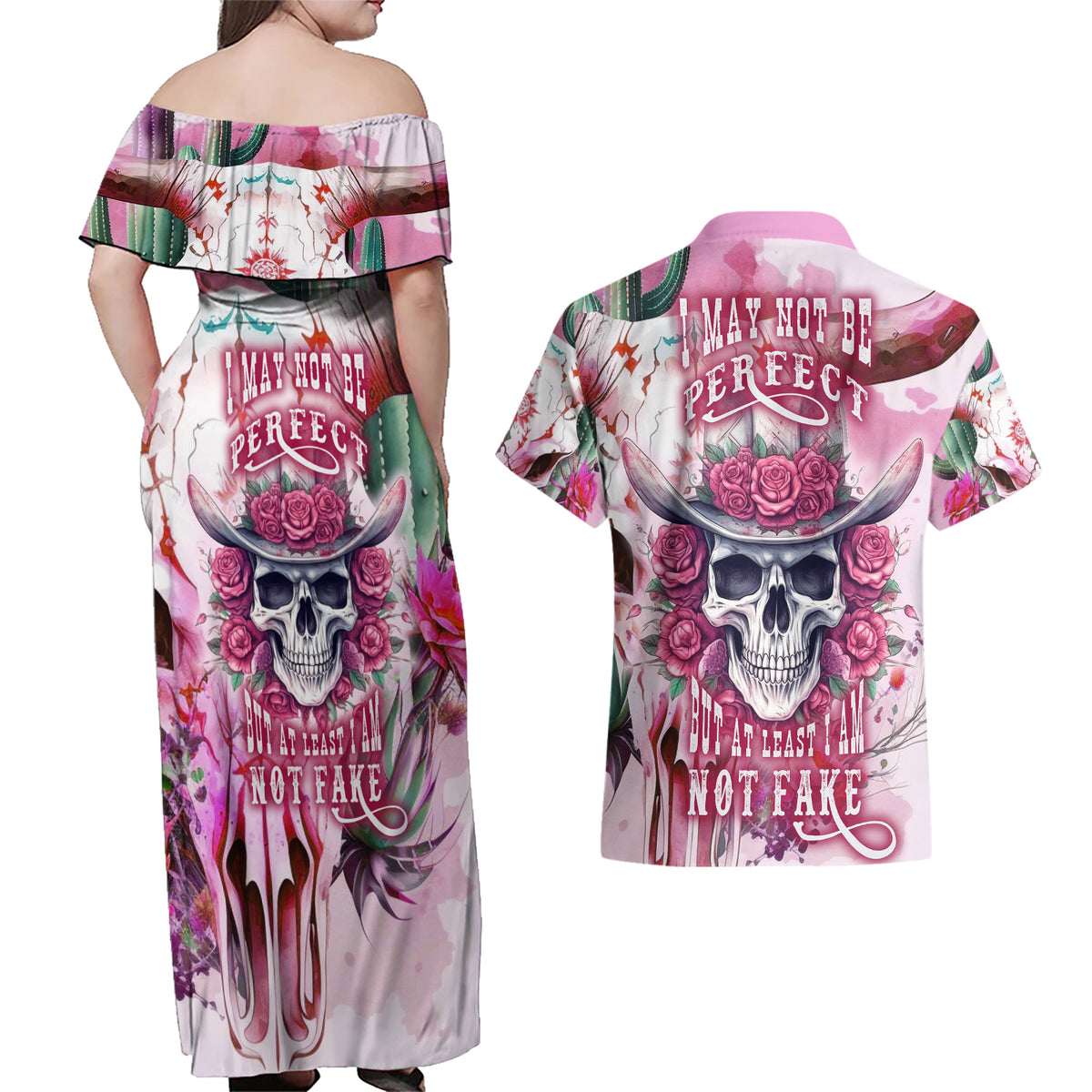 I May Not Be Perfect But At Least I Am Not Fake Skull Couples Matching Off Shoulder Maxi Dress and Hawaiian Shirt - Wonder Print Shop