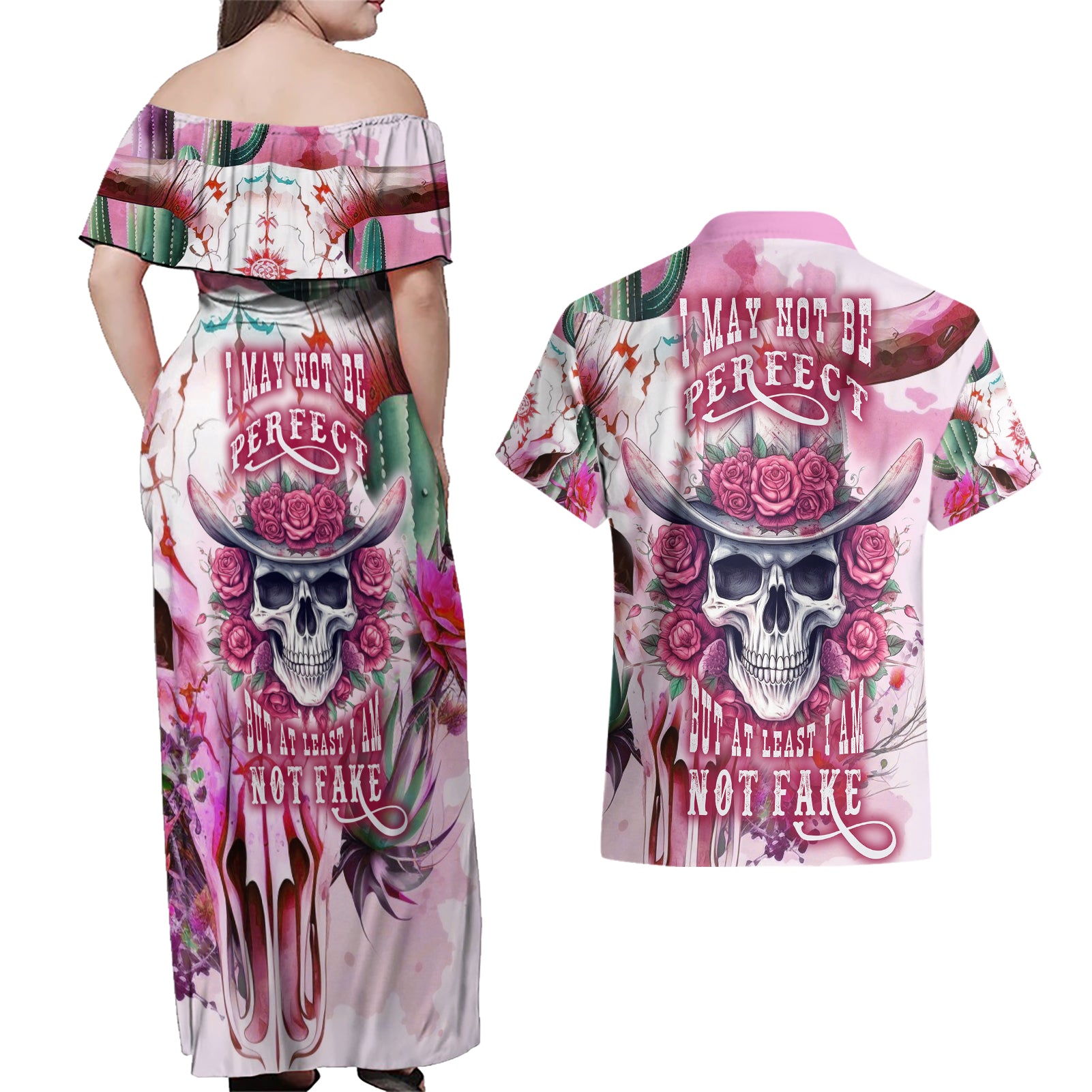 I May Not Be Perfect But At Least I Am Not Fake Skull Couples Matching Off Shoulder Maxi Dress and Hawaiian Shirt - Wonder Print Shop