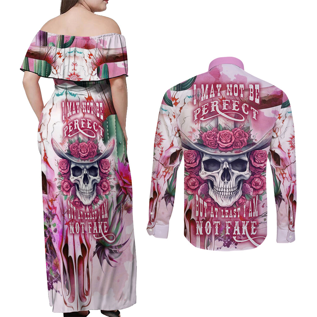 I May Not Be Perfect But At Least I Am Not Fake Skull Couples Matching Off Shoulder Maxi Dress and Long Sleeve Button Shirts - Wonder Print Shop