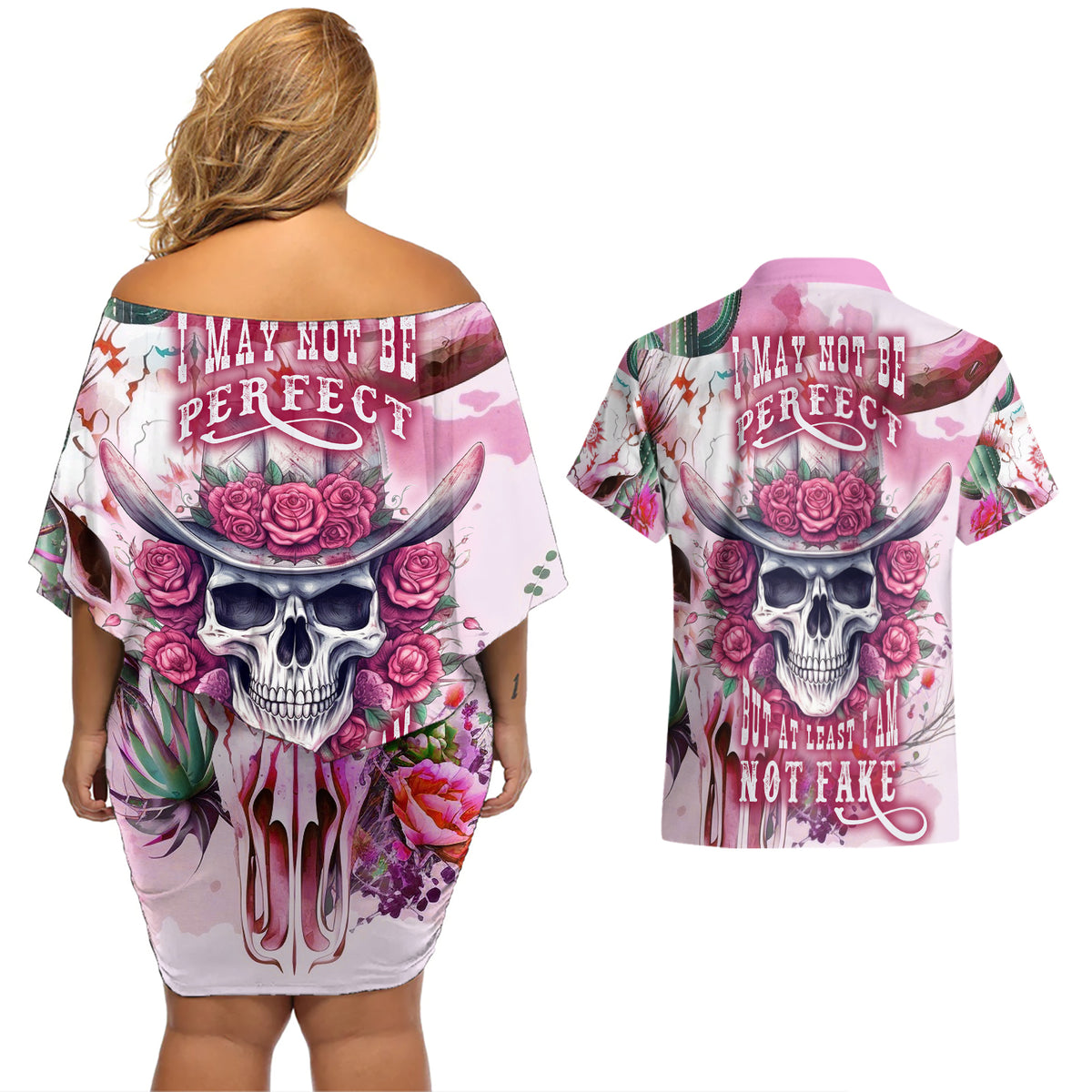 I May Not Be Perfect But At Least I Am Not Fake Skull Couples Matching Off Shoulder Short Dress and Hawaiian Shirt - Wonder Print Shop