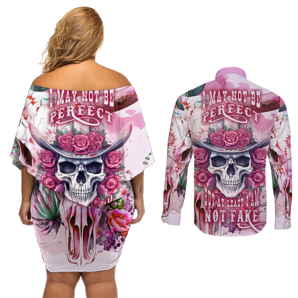 I May Not Be Perfect But At Least I Am Not Fake Skull Couples Matching Off Shoulder Short Dress and Long Sleeve Button Shirts - Wonder Print Shop