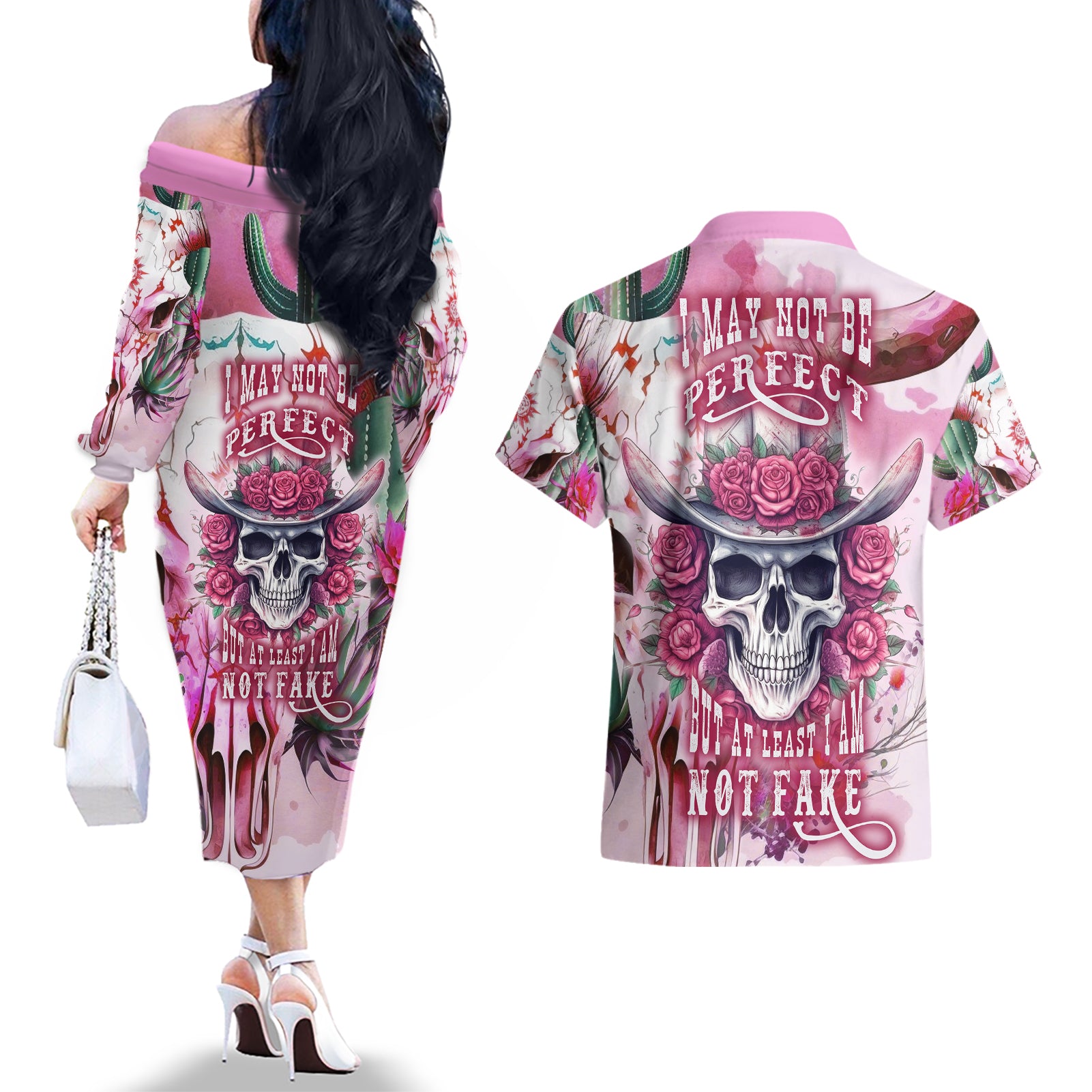 I May Not Be Perfect But At Least I Am Not Fake Skull Couples Matching Off The Shoulder Long Sleeve Dress and Hawaiian Shirt - Wonder Print Shop
