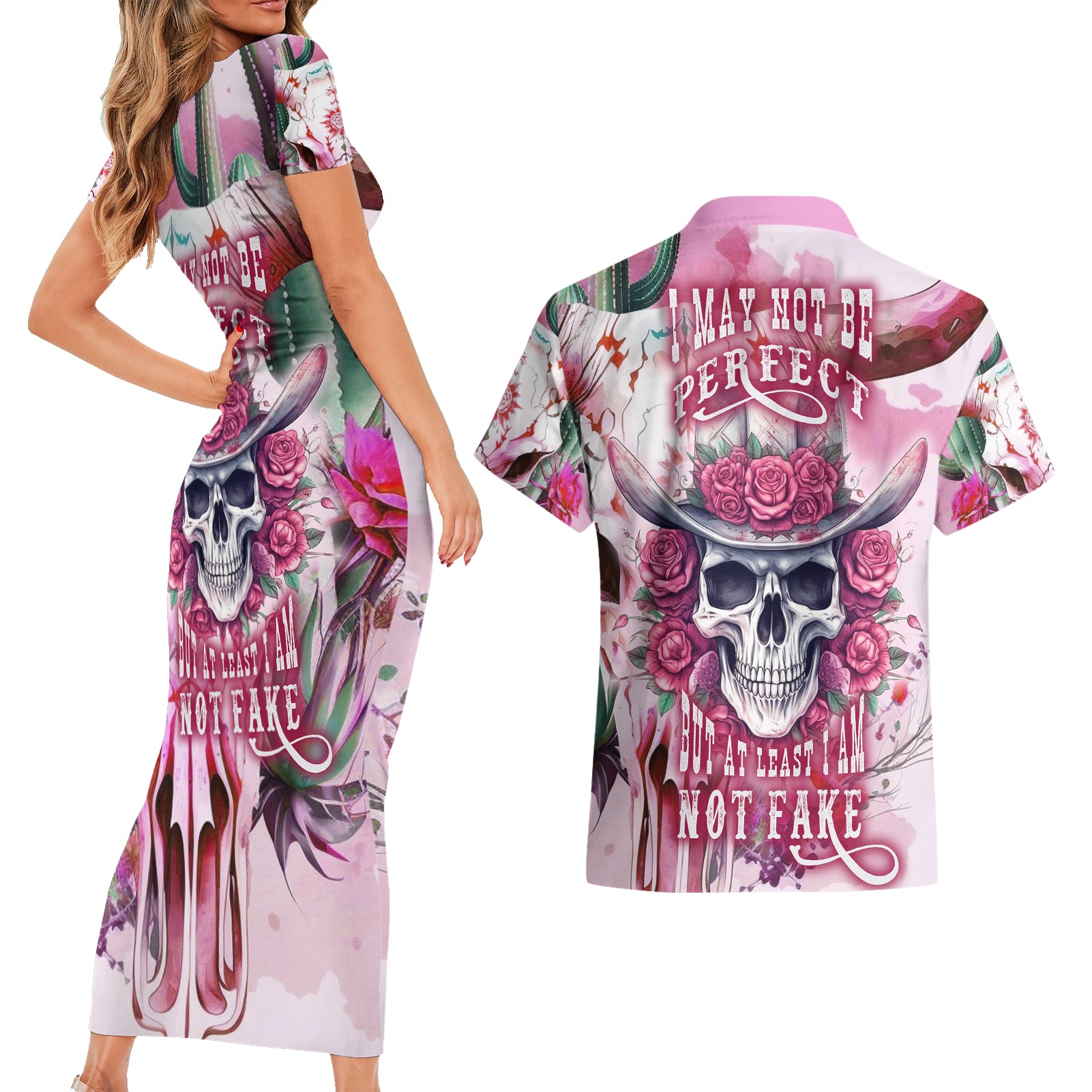 I May Not Be Perfect But At Least I Am Not Fake Skull Couples Matching Short Sleeve Bodycon Dress and Hawaiian Shirt - Wonder Print Shop