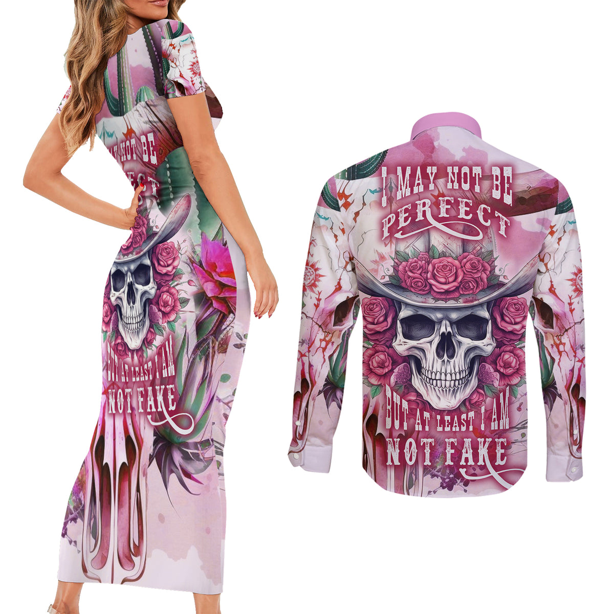 I May Not Be Perfect But At Least I Am Not Fake Skull Couples Matching Short Sleeve Bodycon Dress and Long Sleeve Button Shirts - Wonder Print Shop