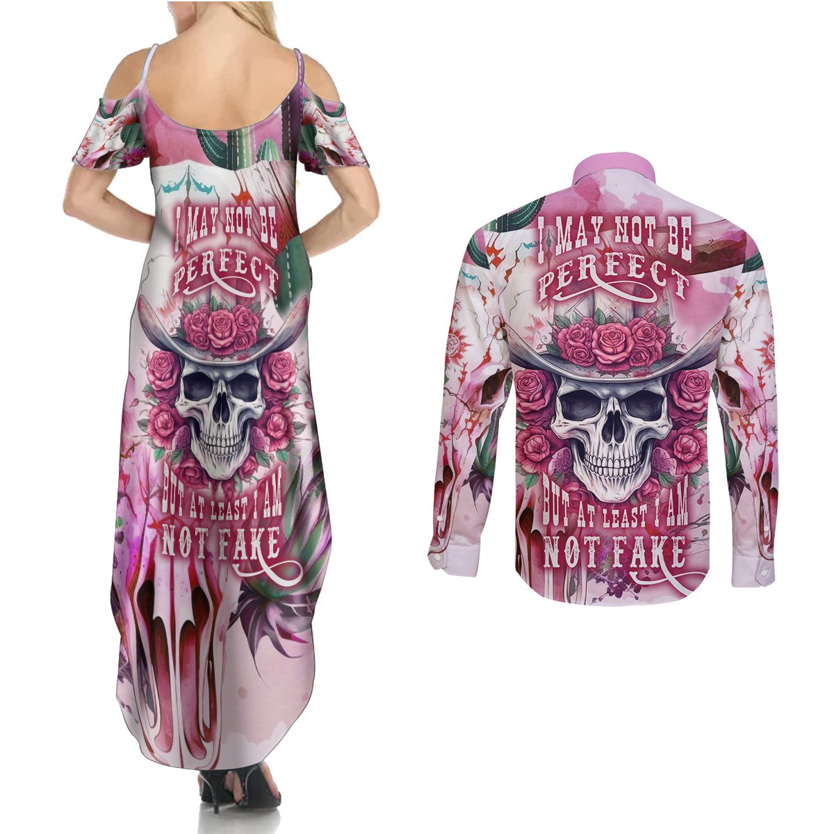 I May Not Be Perfect But At Least I Am Not Fake Skull Couples Matching Summer Maxi Dress and Long Sleeve Button Shirts - Wonder Print Shop
