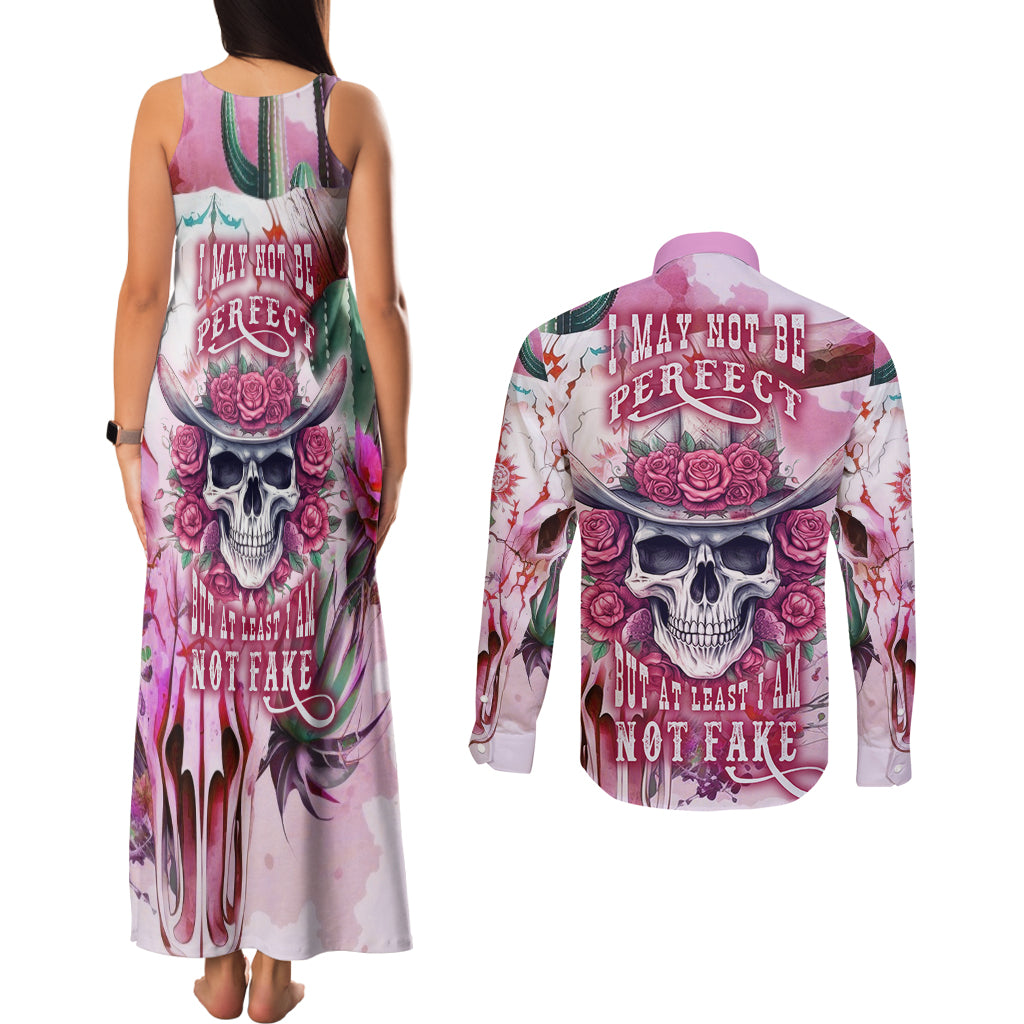 I May Not Be Perfect But At Least I Am Not Fake Skull Couples Matching Tank Maxi Dress and Long Sleeve Button Shirts - Wonder Print Shop