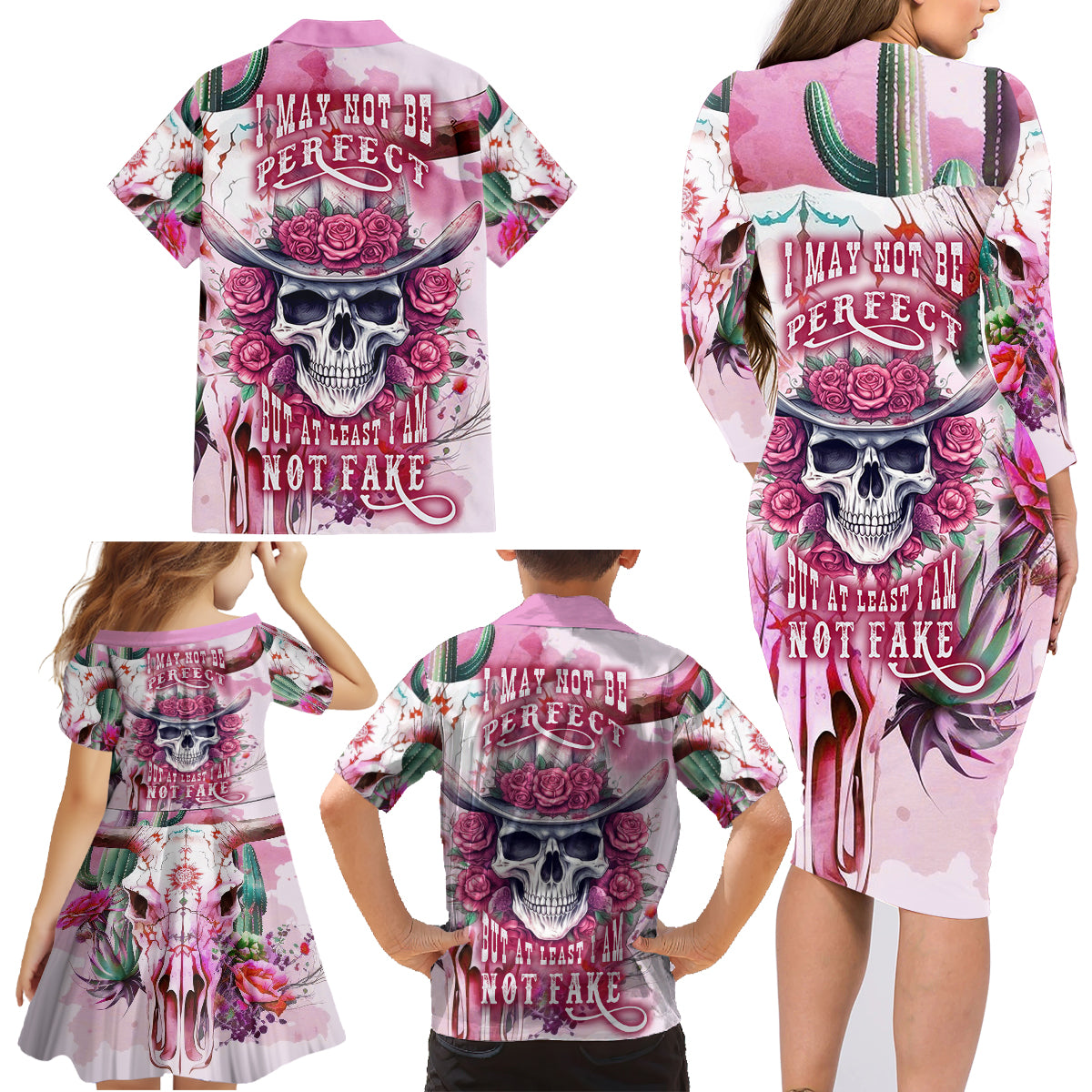 I May Not Be Perfect But At Least I Am Not Fake Skull Family Matching Long Sleeve Bodycon Dress and Hawaiian Shirt - Wonder Print Shop