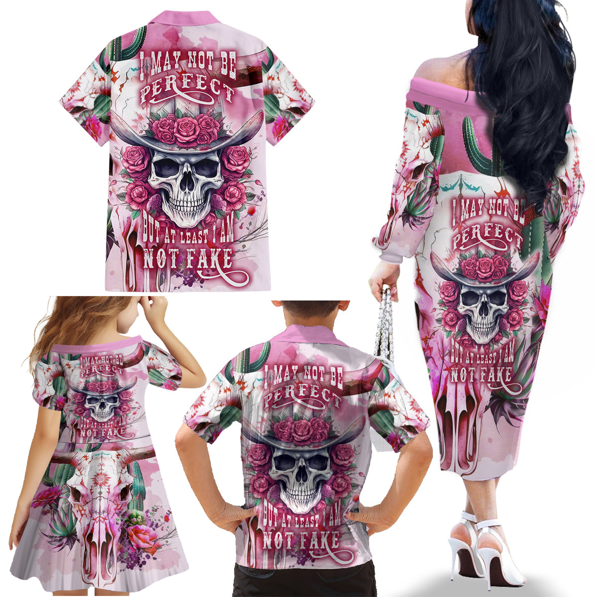 I May Not Be Perfect But At Least I Am Not Fake Skull Family Matching Off Shoulder Long Sleeve Dress and Hawaiian Shirt - Wonder Print Shop