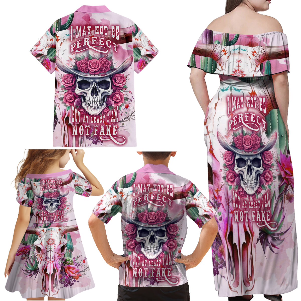 I May Not Be Perfect But At Least I Am Not Fake Skull Family Matching Off Shoulder Maxi Dress and Hawaiian Shirt - Wonder Print Shop
