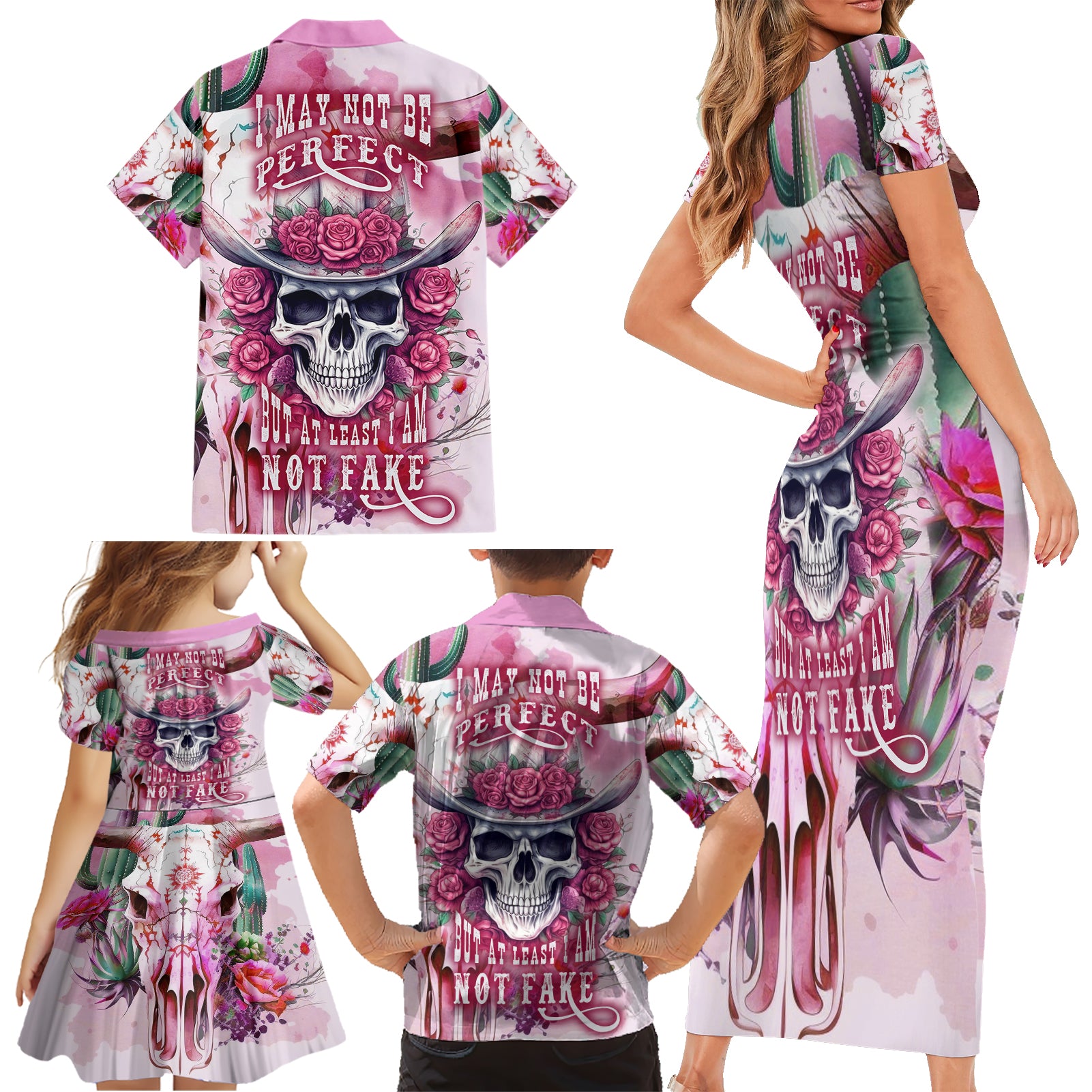 I May Not Be Perfect But At Least I Am Not Fake Skull Family Matching Short Sleeve Bodycon Dress and Hawaiian Shirt - Wonder Print Shop