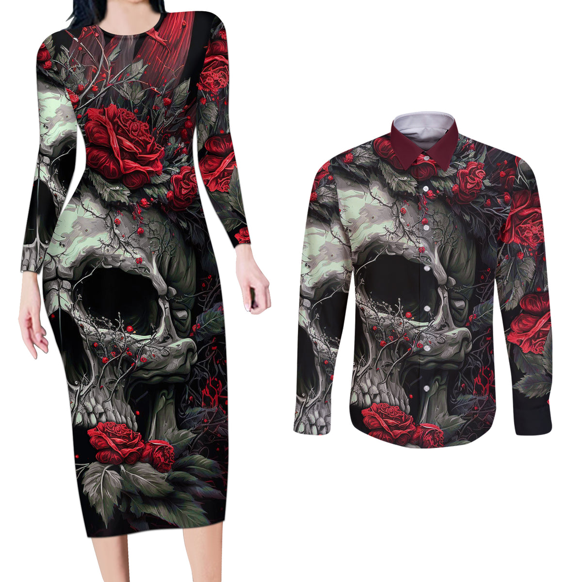 I'm Blunt Because God Rolled Me That Way Skull Couples Matching Long Sleeve Bodycon Dress and Long Sleeve Button Shirts - Wonder Print Shop