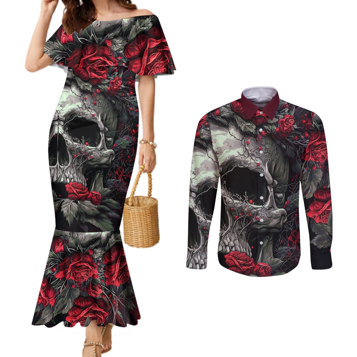 im-blunt-because-god-rolled-me-that-way-skull-couples-matching-mermaid-dress-and-long-sleeve-button-shirts