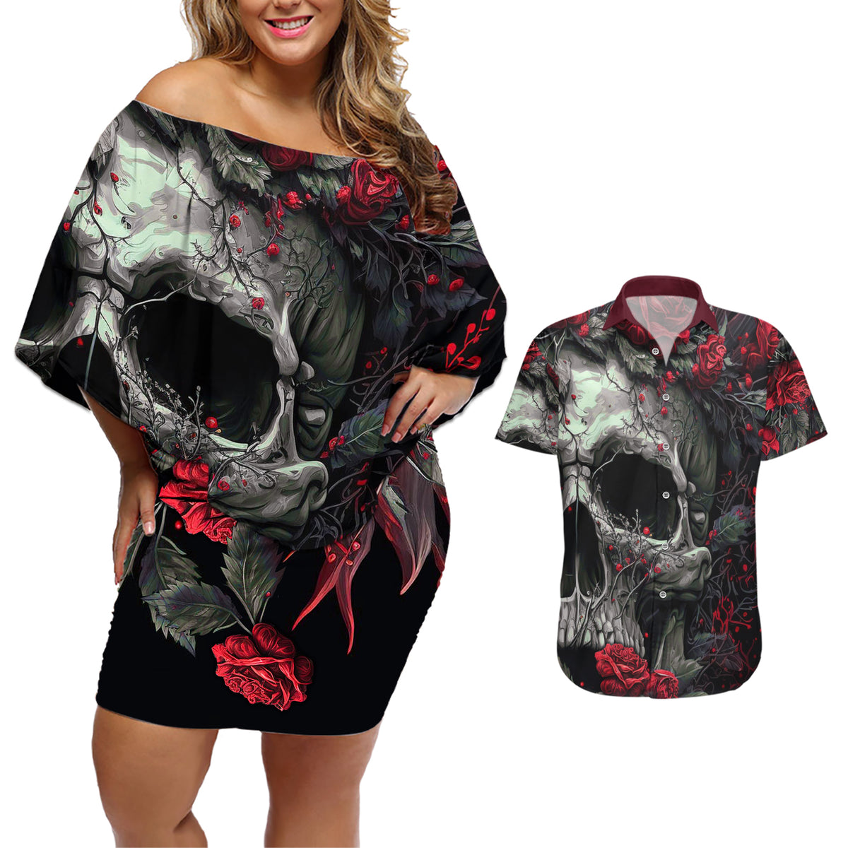 I'm Blunt Because God Rolled Me That Way Skull Couples Matching Off Shoulder Short Dress and Hawaiian Shirt - Wonder Print Shop