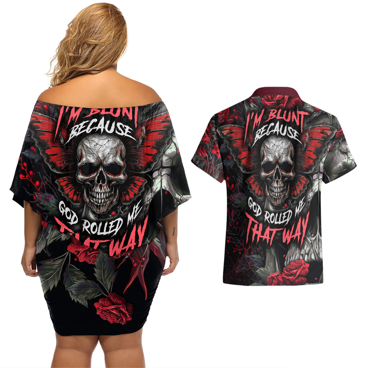 I'm Blunt Because God Rolled Me That Way Skull Couples Matching Off Shoulder Short Dress and Hawaiian Shirt - Wonder Print Shop