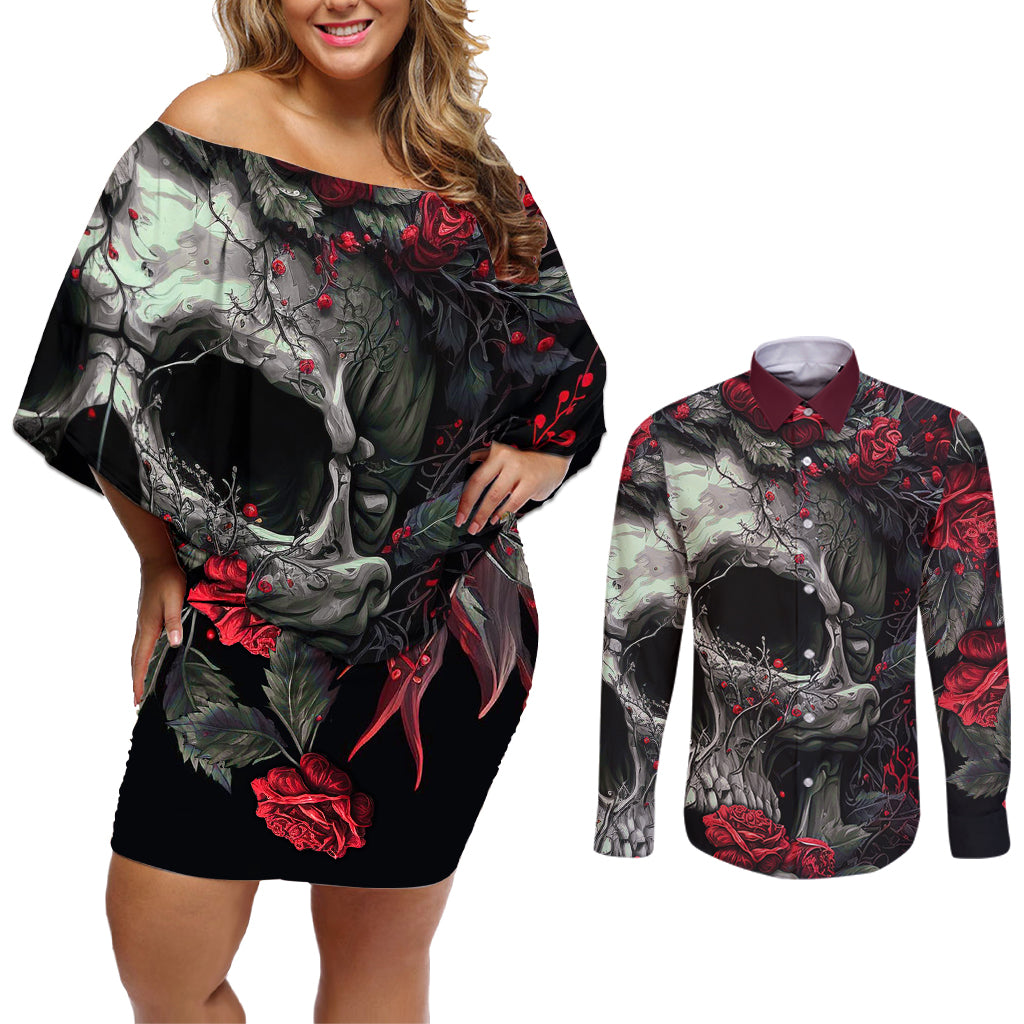 I'm Blunt Because God Rolled Me That Way Skull Couples Matching Off Shoulder Short Dress and Long Sleeve Button Shirts - Wonder Print Shop