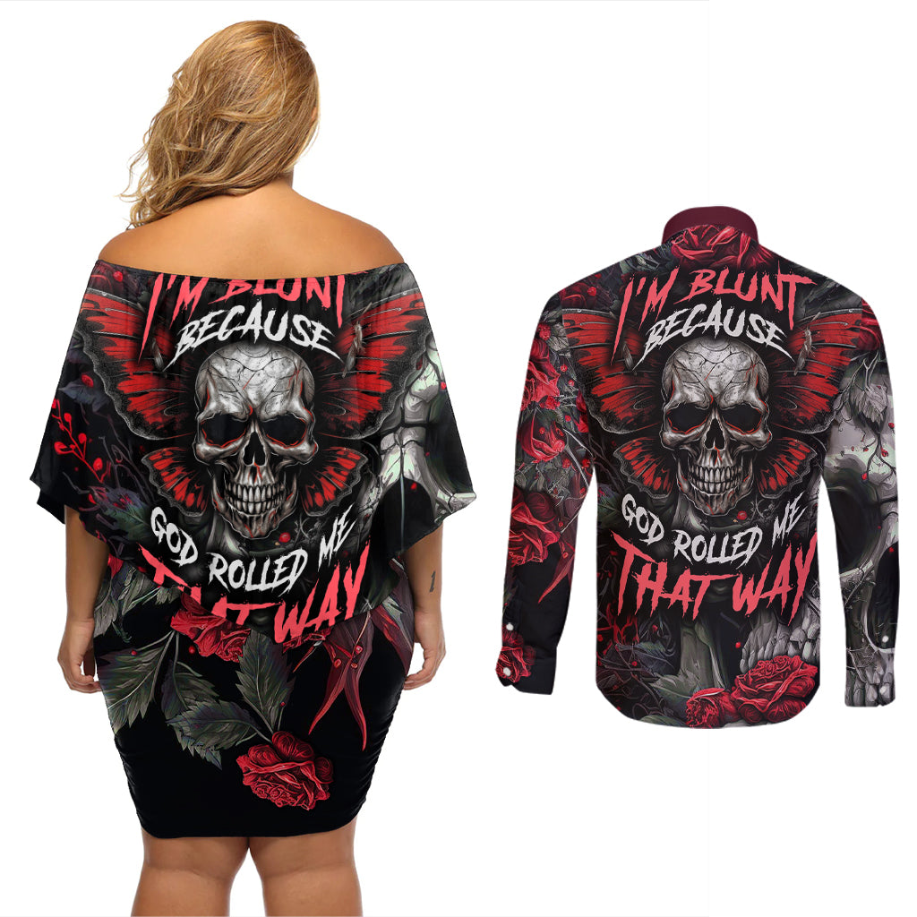 I'm Blunt Because God Rolled Me That Way Skull Couples Matching Off Shoulder Short Dress and Long Sleeve Button Shirts - Wonder Print Shop