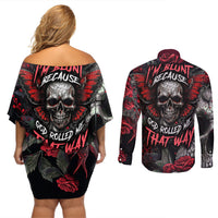 I'm Blunt Because God Rolled Me That Way Skull Couples Matching Off Shoulder Short Dress and Long Sleeve Button Shirts - Wonder Print Shop