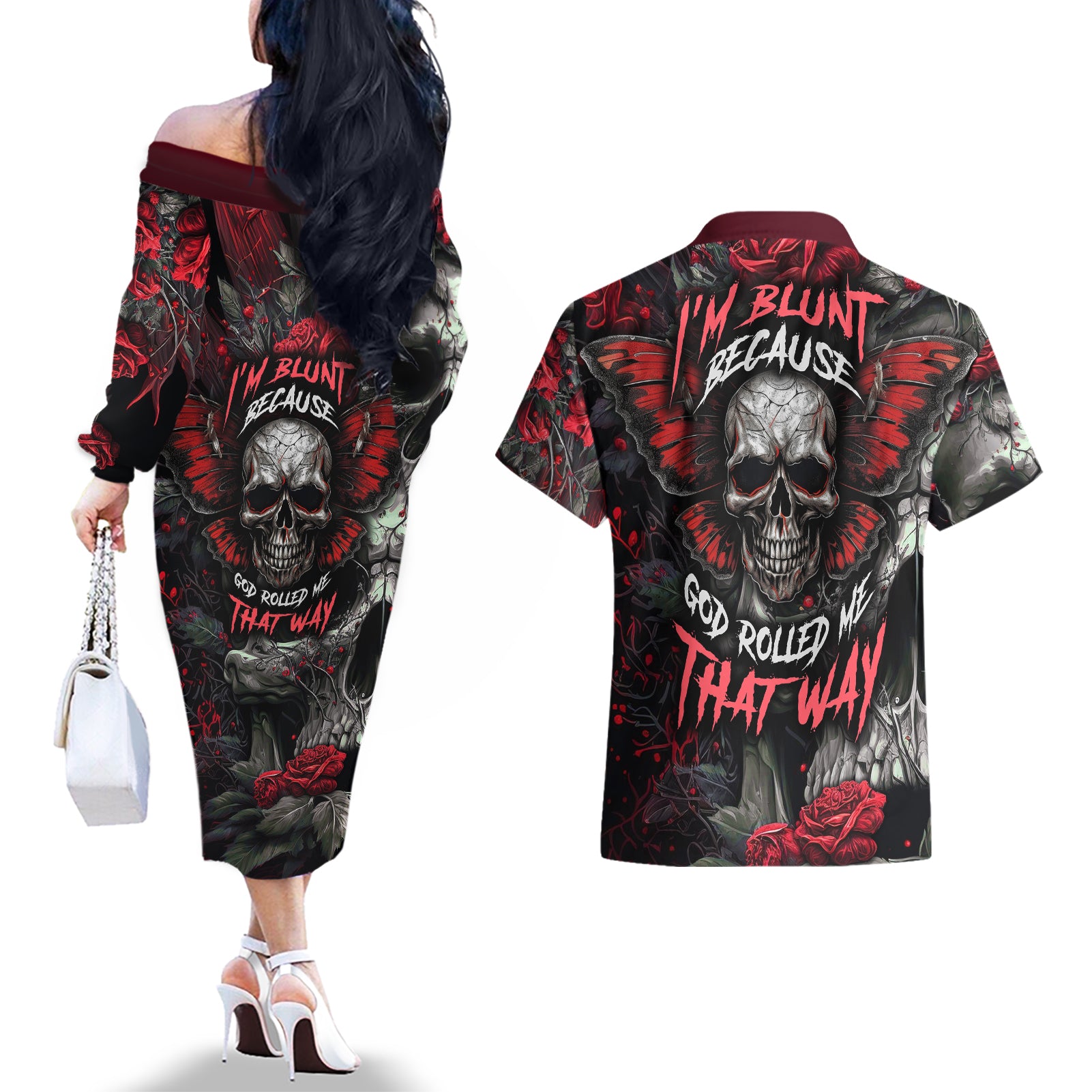 I'm Blunt Because God Rolled Me That Way Skull Couples Matching Off The Shoulder Long Sleeve Dress and Hawaiian Shirt - Wonder Print Shop