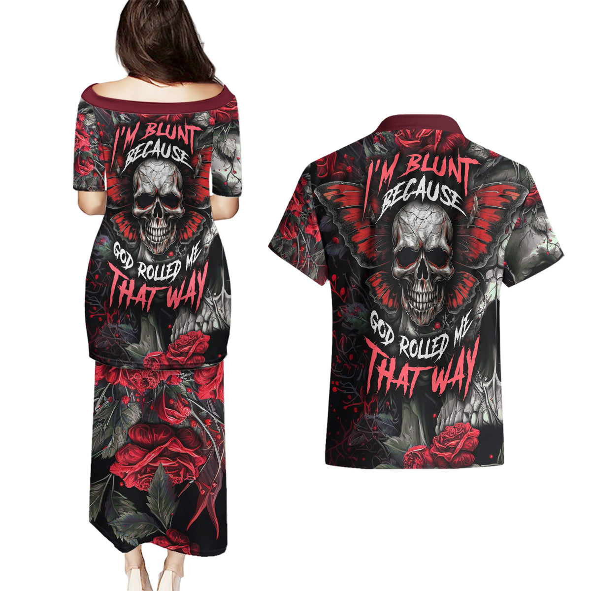 I'm Blunt Because God Rolled Me That Way Skull Couples Matching Puletasi Dress and Hawaiian Shirt - Wonder Print Shop