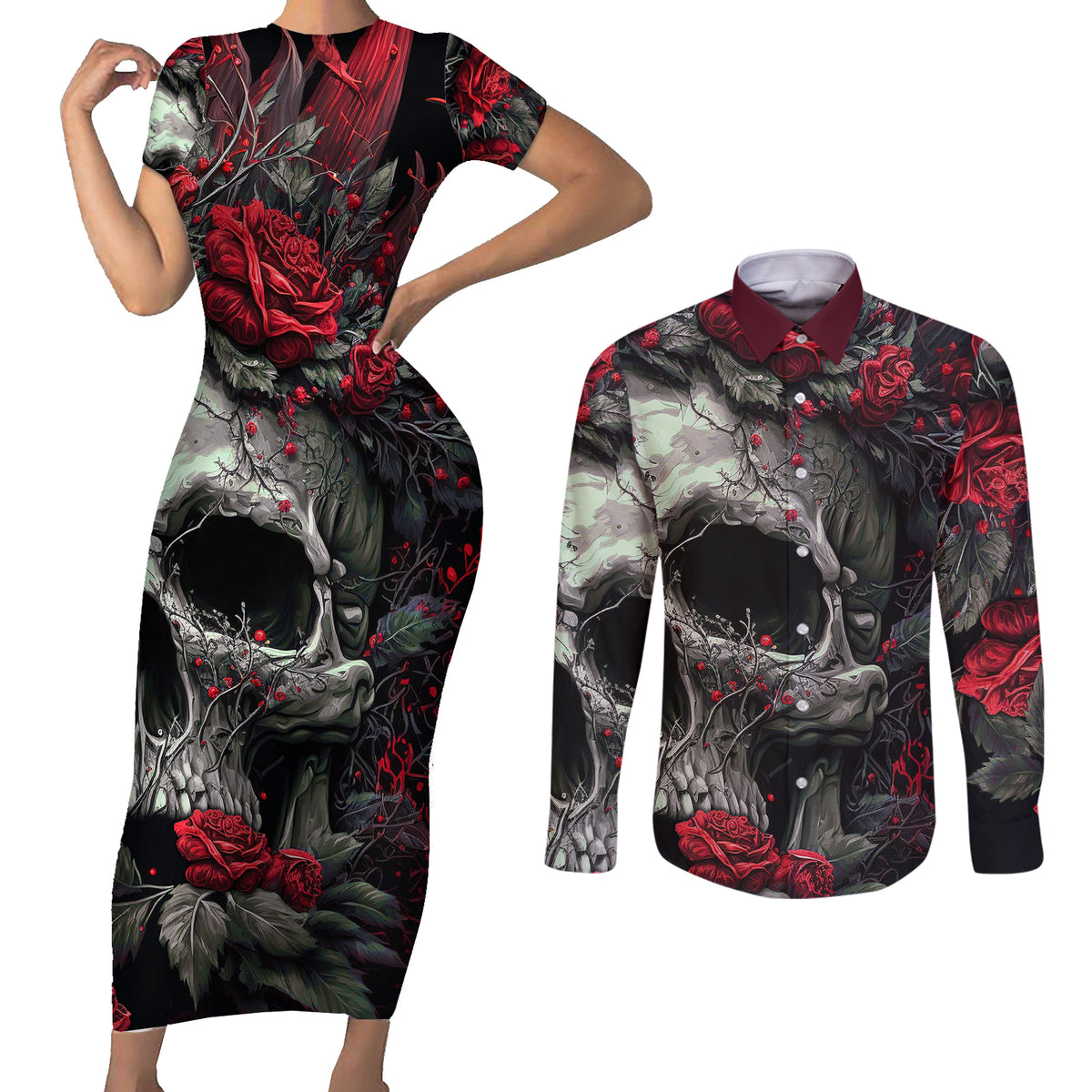 I'm Blunt Because God Rolled Me That Way Skull Couples Matching Short Sleeve Bodycon Dress and Long Sleeve Button Shirts - Wonder Print Shop