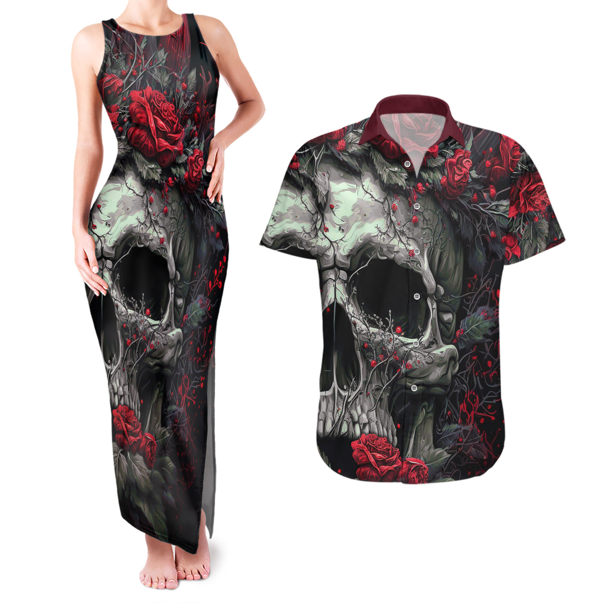 I'm Blunt Because God Rolled Me That Way Skull Couples Matching Tank Maxi Dress and Hawaiian Shirt - Wonder Print Shop