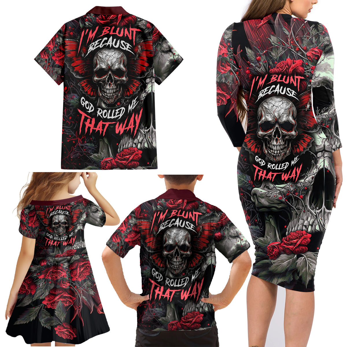 I'm Blunt Because God Rolled Me That Way Skull Family Matching Long Sleeve Bodycon Dress and Hawaiian Shirt - Wonder Print Shop
