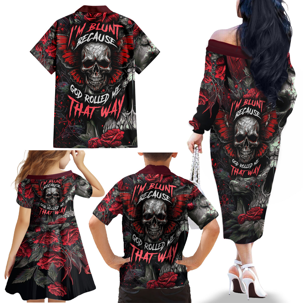 I'm Blunt Because God Rolled Me That Way Skull Family Matching Off Shoulder Long Sleeve Dress and Hawaiian Shirt - Wonder Print Shop