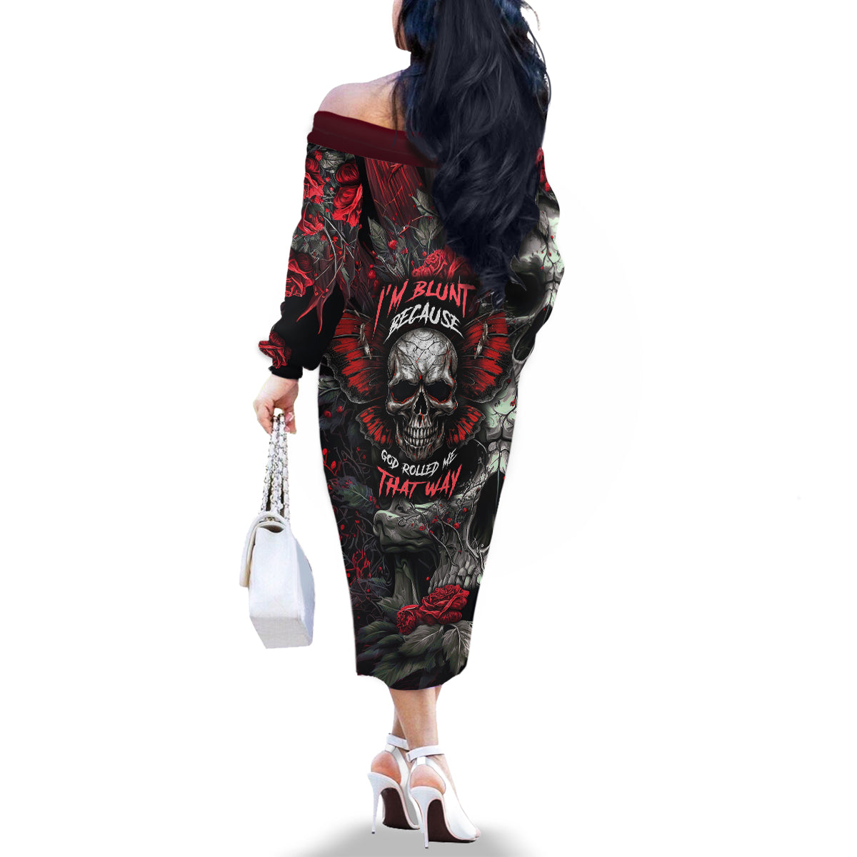 I'm Blunt Because God Rolled Me That Way Skull Family Matching Off Shoulder Long Sleeve Dress and Hawaiian Shirt - Wonder Print Shop