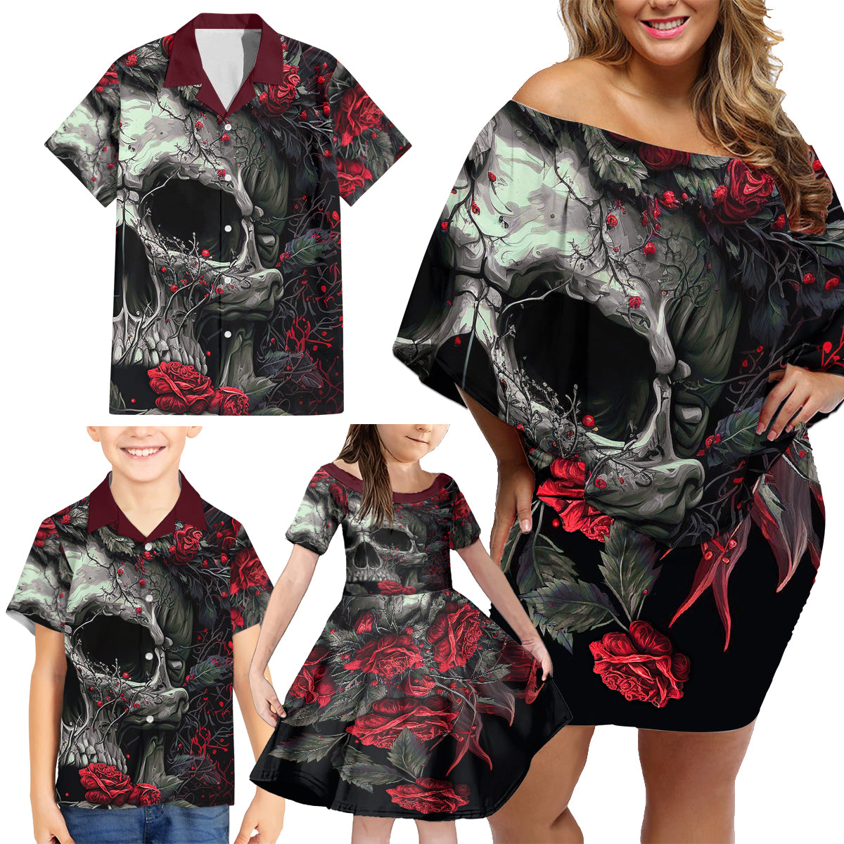 I'm Blunt Because God Rolled Me That Way Skull Family Matching Off Shoulder Short Dress and Hawaiian Shirt - Wonder Print Shop