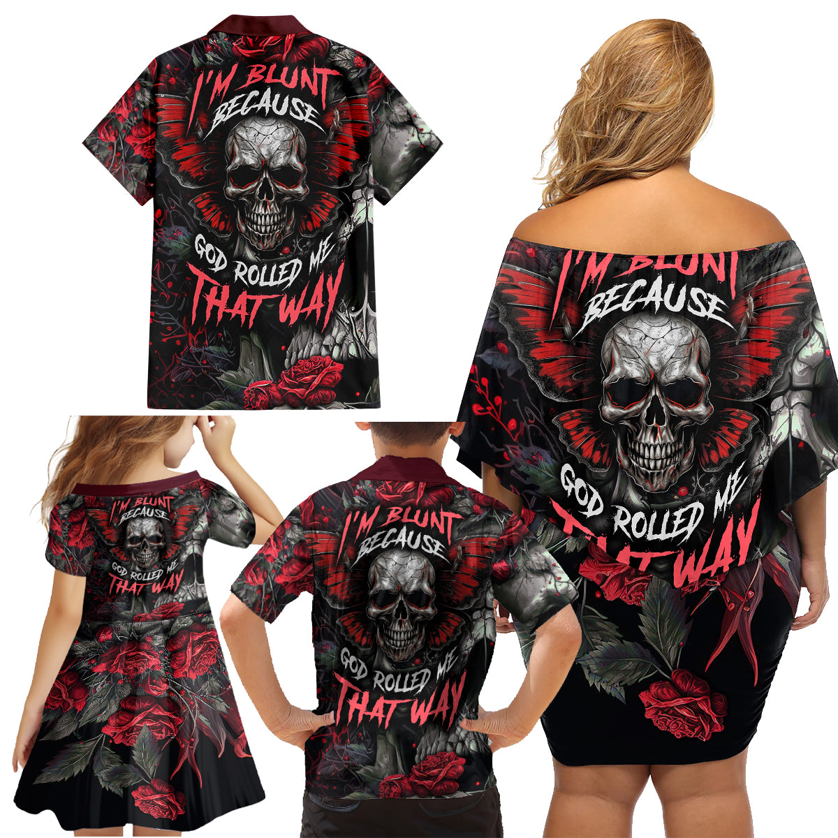 I'm Blunt Because God Rolled Me That Way Skull Family Matching Off Shoulder Short Dress and Hawaiian Shirt - Wonder Print Shop