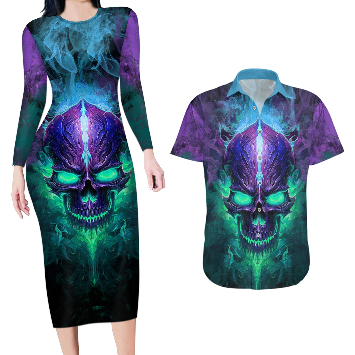 You My Friend Should Have Been Swallowed Skull Couples Matching Long Sleeve Bodycon Dress and Hawaiian Shirt - Wonder Print Shop