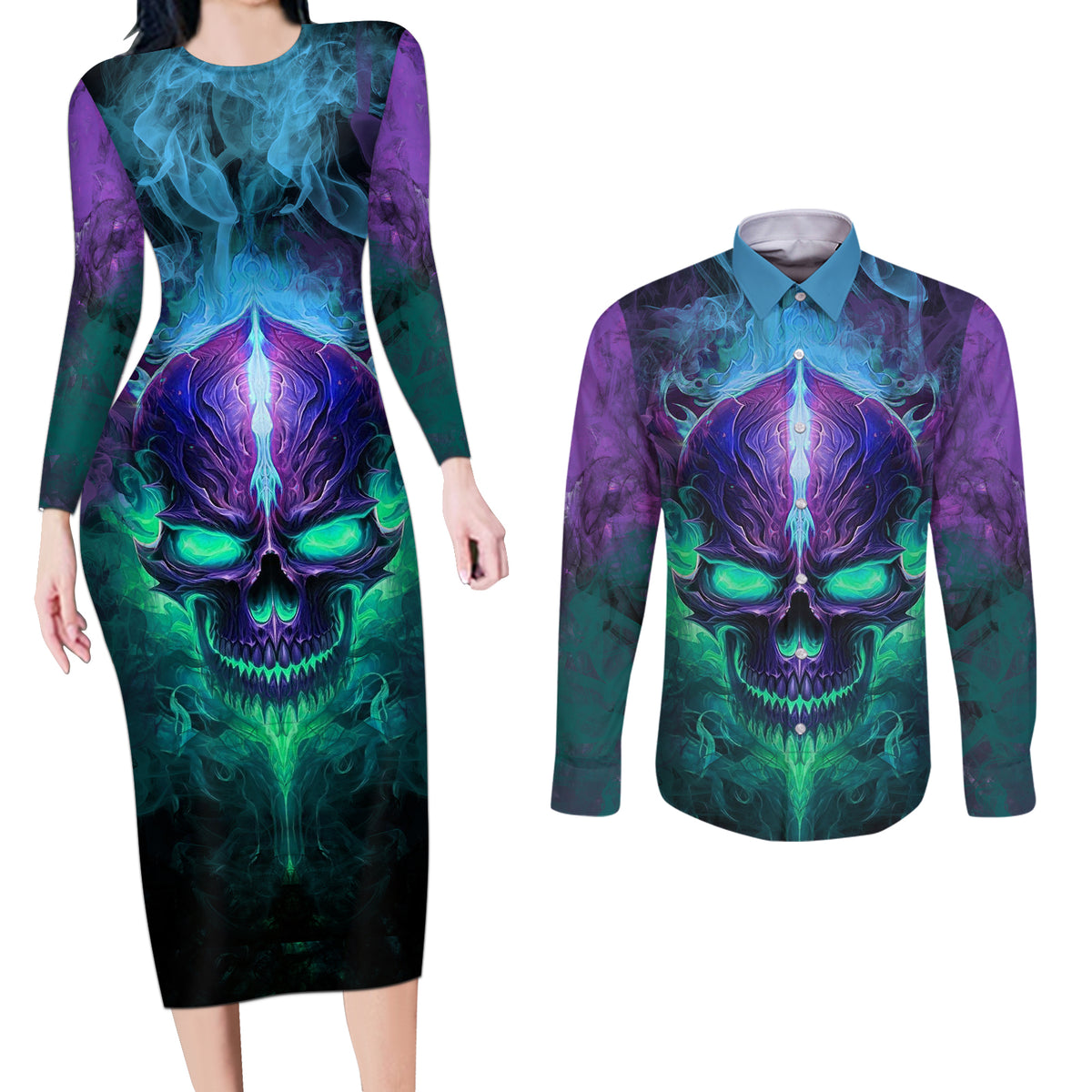 You My Friend Should Have Been Swallowed Skull Couples Matching Long Sleeve Bodycon Dress and Long Sleeve Button Shirts - Wonder Print Shop