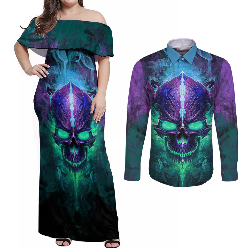 You My Friend Should Have Been Swallowed Skull Couples Matching Off Shoulder Maxi Dress and Long Sleeve Button Shirts - Wonder Print Shop
