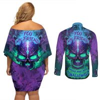 You My Friend Should Have Been Swallowed Skull Couples Matching Off Shoulder Short Dress and Long Sleeve Button Shirts - Wonder Print Shop