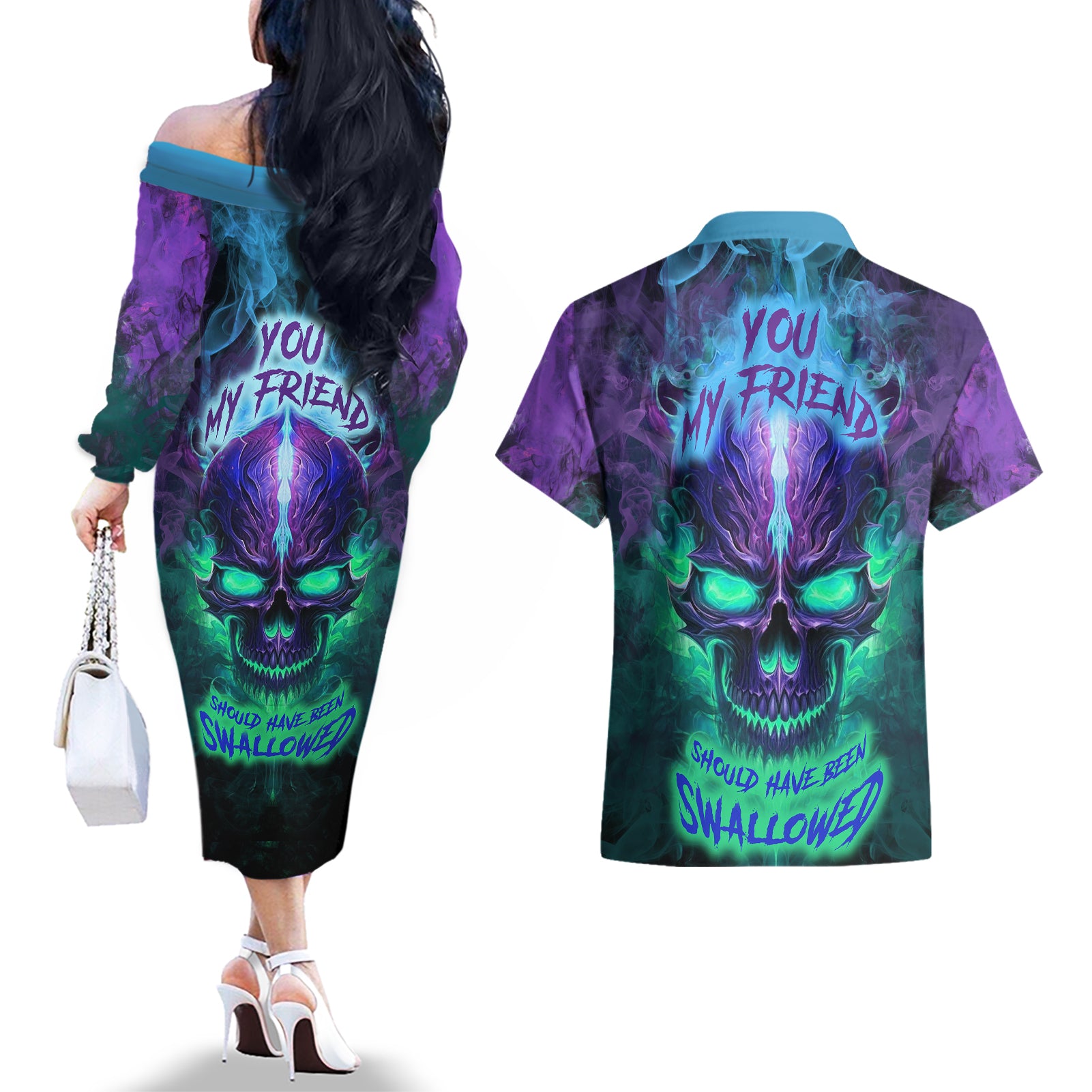 You My Friend Should Have Been Swallowed Skull Couples Matching Off The Shoulder Long Sleeve Dress and Hawaiian Shirt - Wonder Print Shop