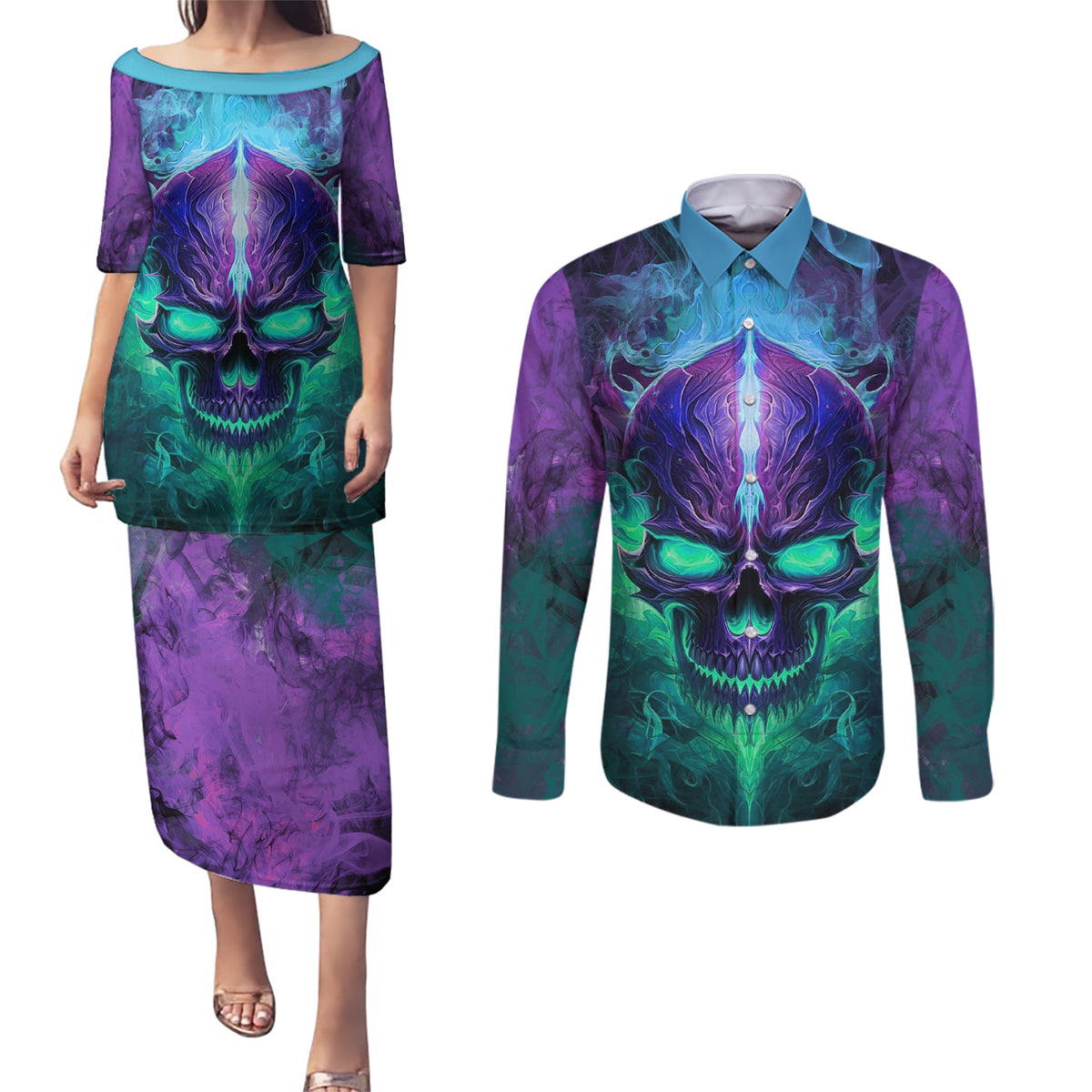 You My Friend Should Have Been Swallowed Skull Couples Matching Puletasi Dress and Long Sleeve Button Shirts - Wonder Print Shop