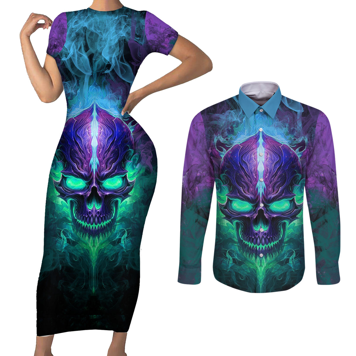 You My Friend Should Have Been Swallowed Skull Couples Matching Short Sleeve Bodycon Dress and Long Sleeve Button Shirts - Wonder Print Shop