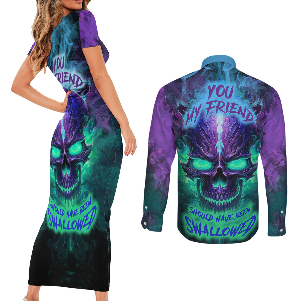 You My Friend Should Have Been Swallowed Skull Couples Matching Short Sleeve Bodycon Dress and Long Sleeve Button Shirts - Wonder Print Shop